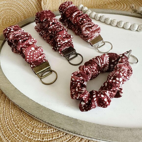 Dark Red Boho Scrunchie Keychain Wristlet - Picture 2 of 5